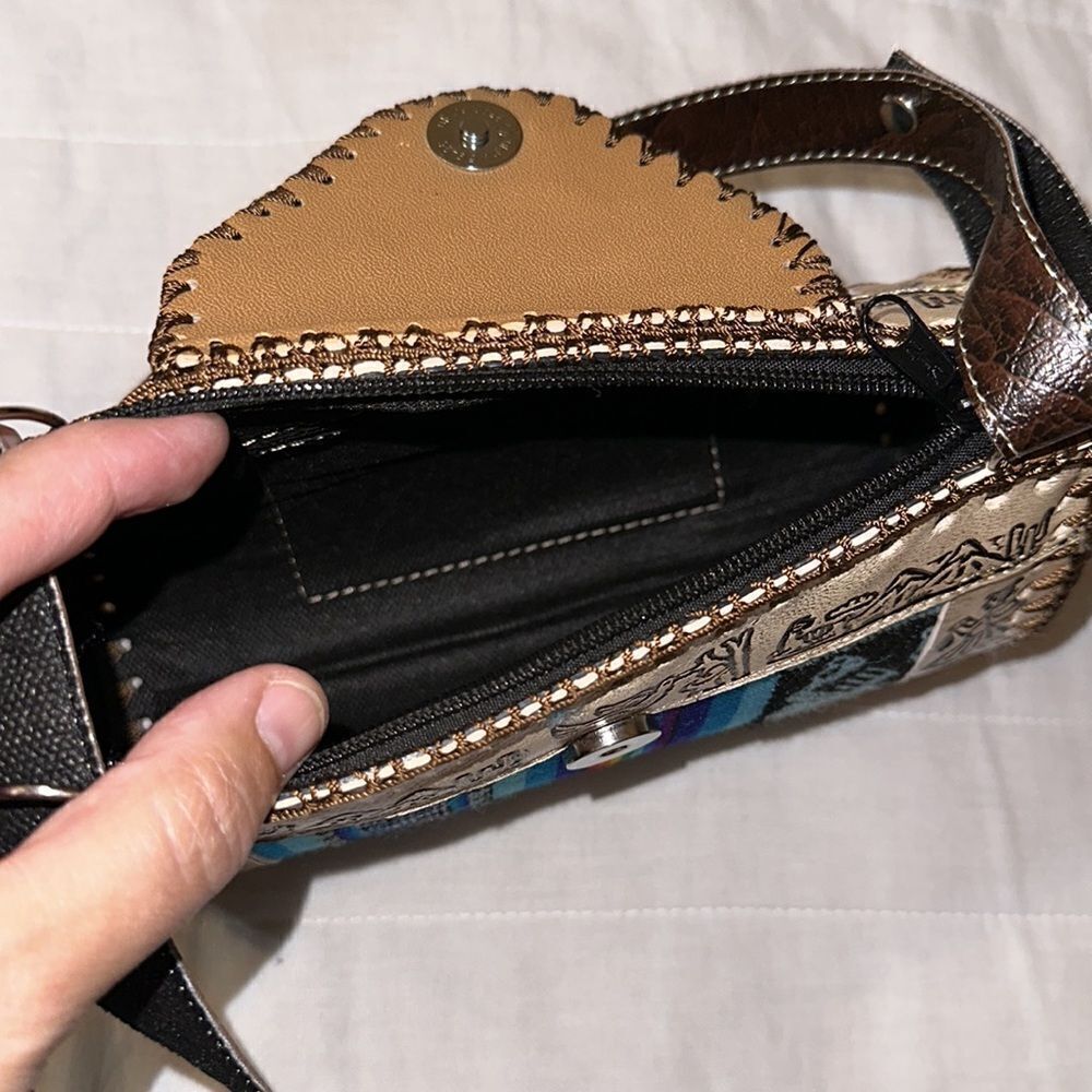 Peruvian Genuine Tooled Graphic Leather Stripe Mini Crossbody Bag - Picture 10 of 12